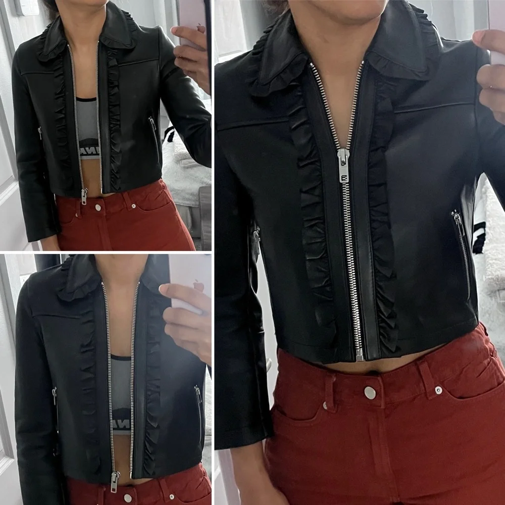 Maje Black Leather Ruffled Jacket - Picture 2 of 11